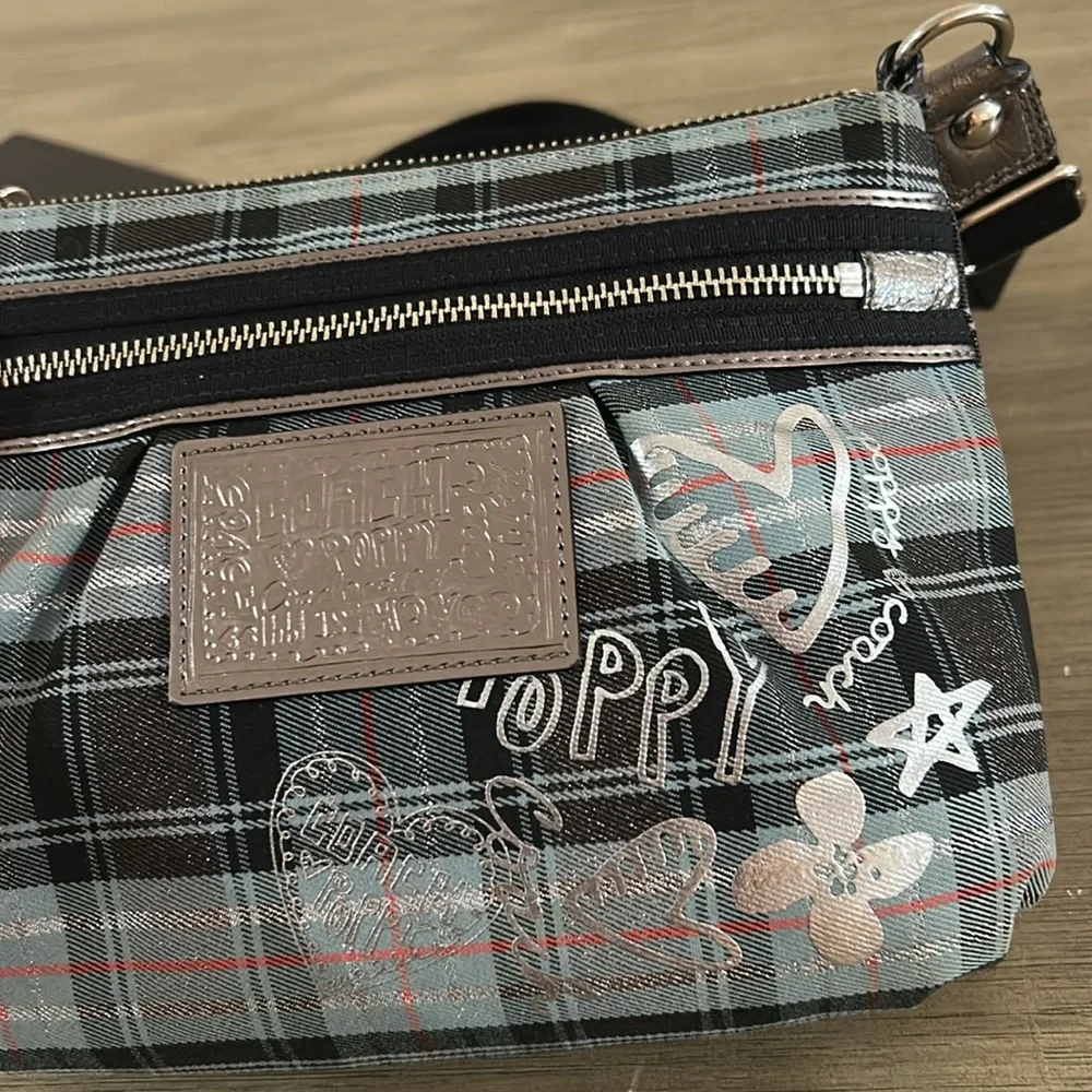 COACH POPPY Blue Plaid Silver Metallic Graffiti Purse Vintage - Picture 10 of 12